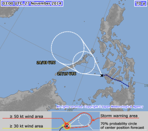 The image from the Japan Meteorological Agency shows the path of typhoon Queenie and its location as of 11:00AM PHT (3:00AM UTC).  It is forecast to pass through Palawan later today.