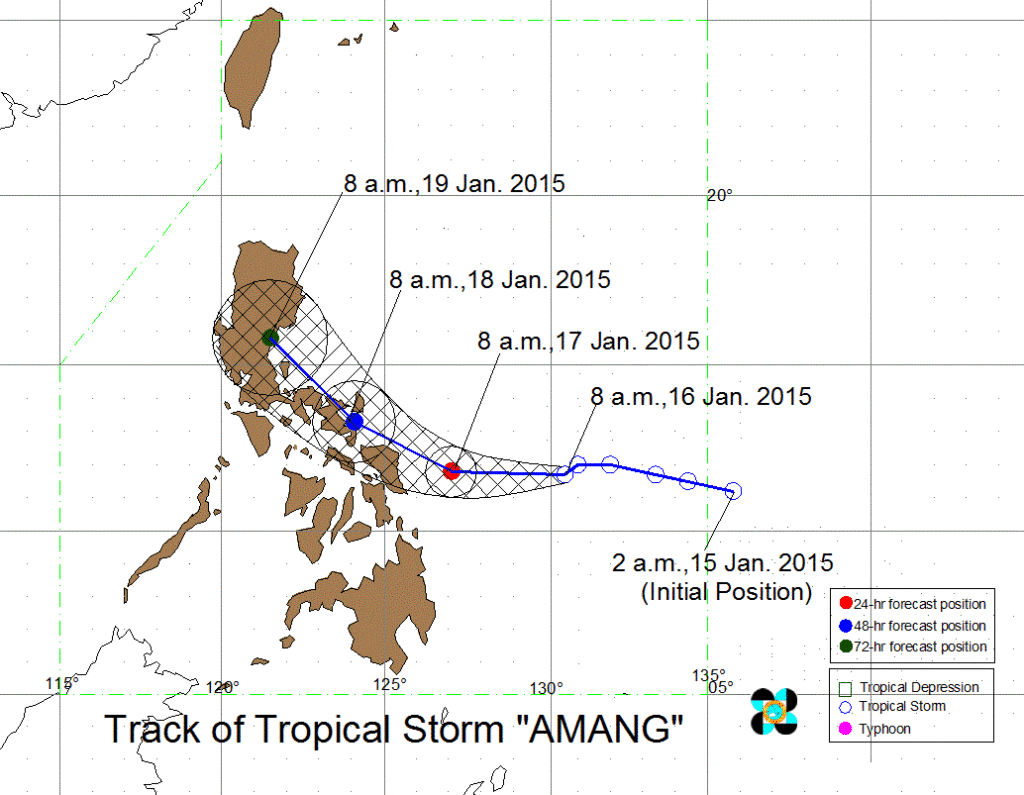Forecast track of tropical storm "Amang" as published by PAGASA at 8AM January 16, 2015
