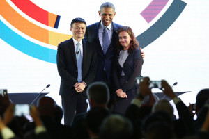 U.S. President Barack Obama (center), poses for a photograph with Alibaba billionaire Jack Ma and Aisa Mijeno, an engineer and social worker, at the APEC CEO Summit in Manila on Nov. 18, 2015. Photographer: Seong Joon Cho/Bloomberg Caption from Bloomberg.com